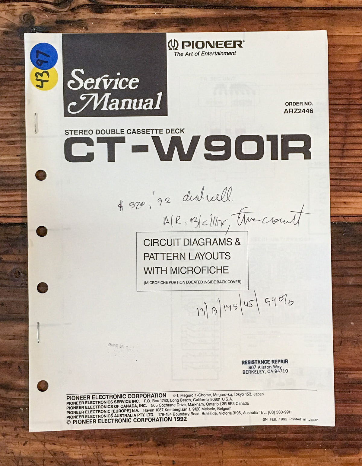 Pioneer CT-W901R Cassette Deck Service Manual *Original*