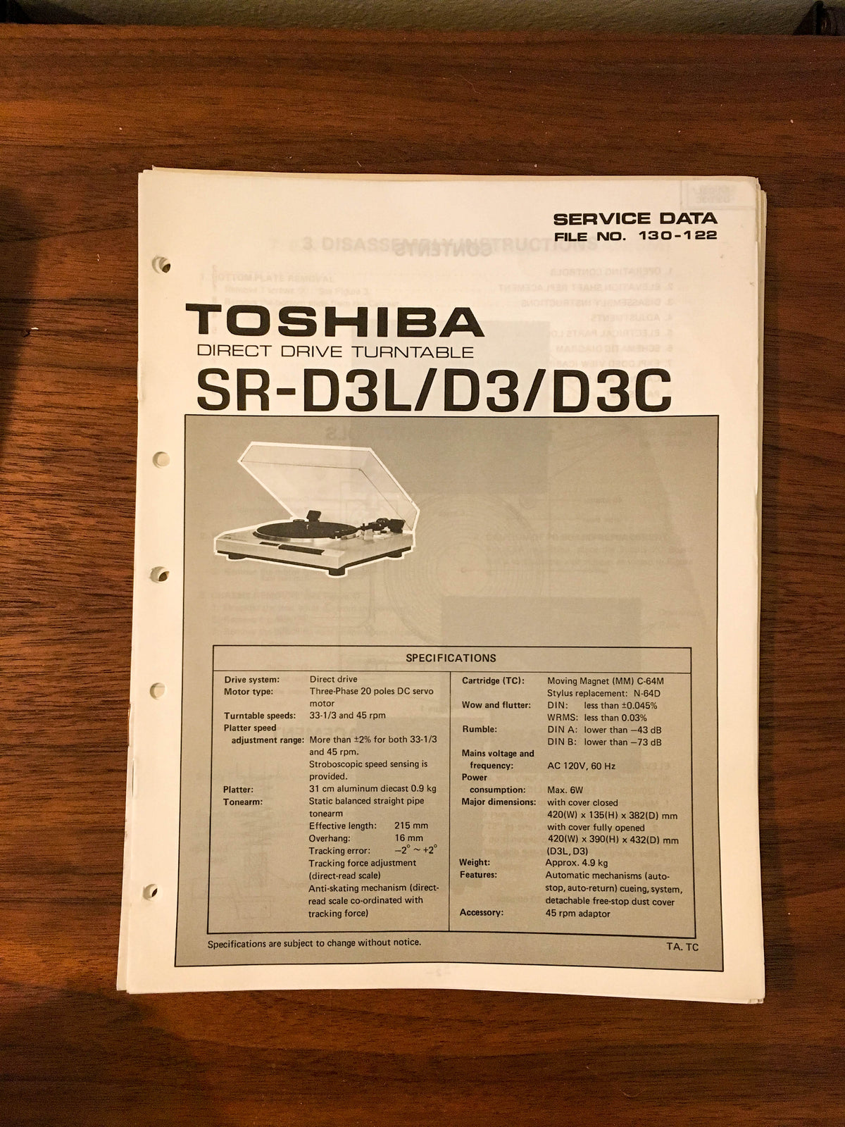 Toshiba SR-D3L SR-D3 SR-D3C Record Player / Turntable Service Manual *Original*