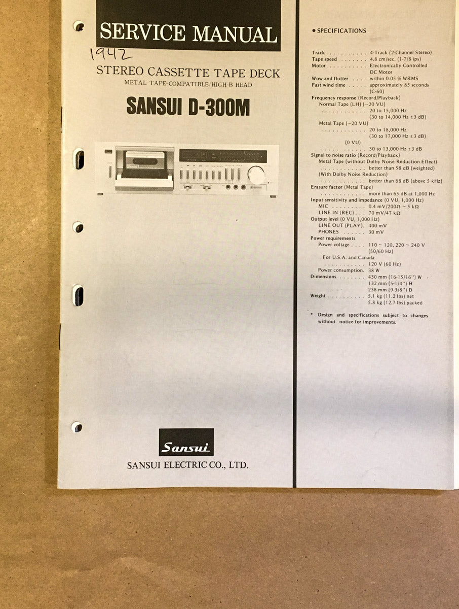 Sansui D-300M Cassette / Tape Player Service Manual *Original* #1