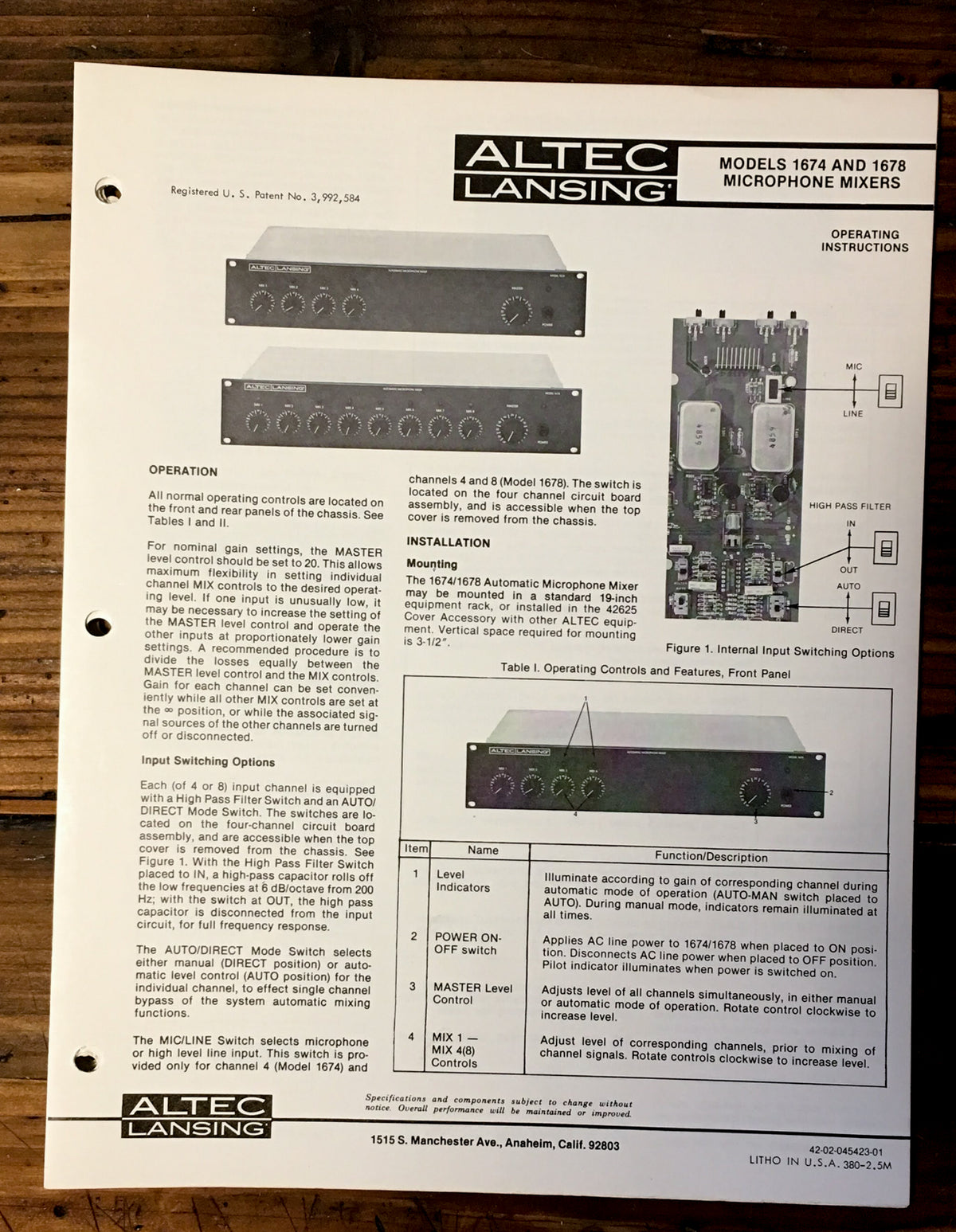 Altec Model 1674 1678 Microphone Mixer Owner / Operating Manual *Original*