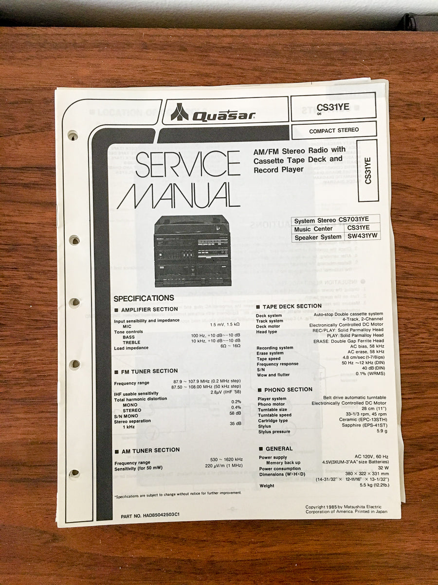Quasar CS31YECS-31YE Radio / Stereo Service Manual *Original*