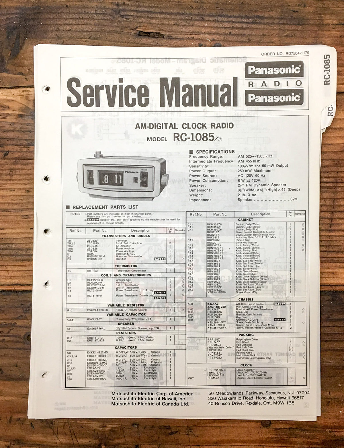 Panasonic RC-1085 Radio Service Manual *Original*
