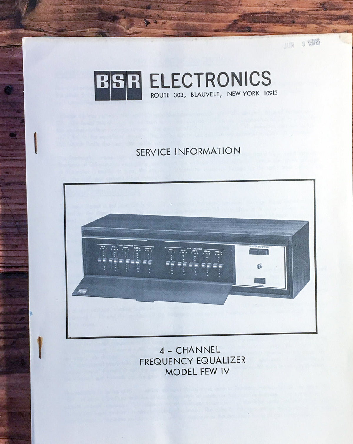 BSR Electronics Model FEW IV Equalizer Service Manual *Original*
