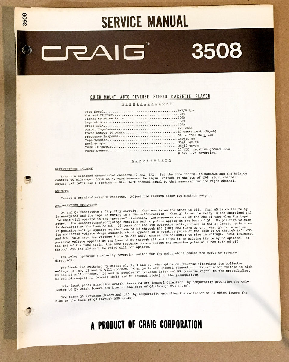 Craig Model 3508 8 Track Stereo Service Manual *Original*