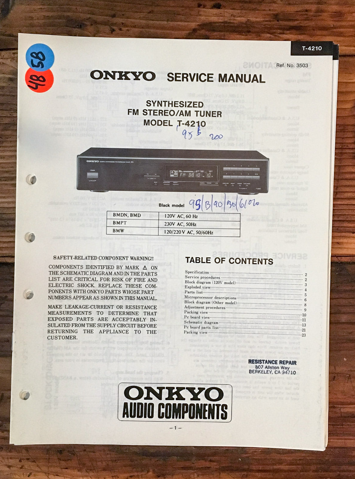 Onkyo T-4210 Tuner Service Manual *Original*