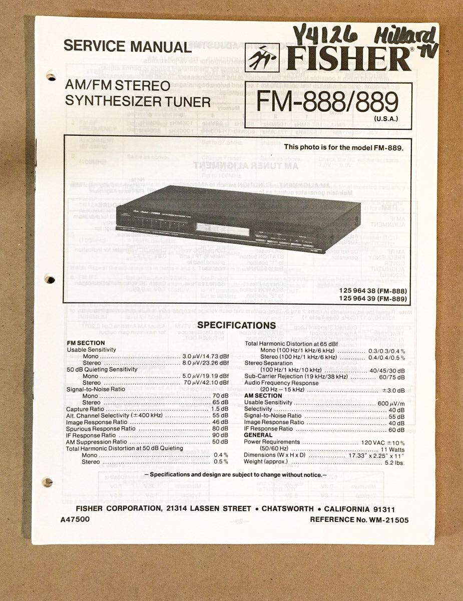 Fisher FM-888 FM-889 Tuner Service Manual *Original*