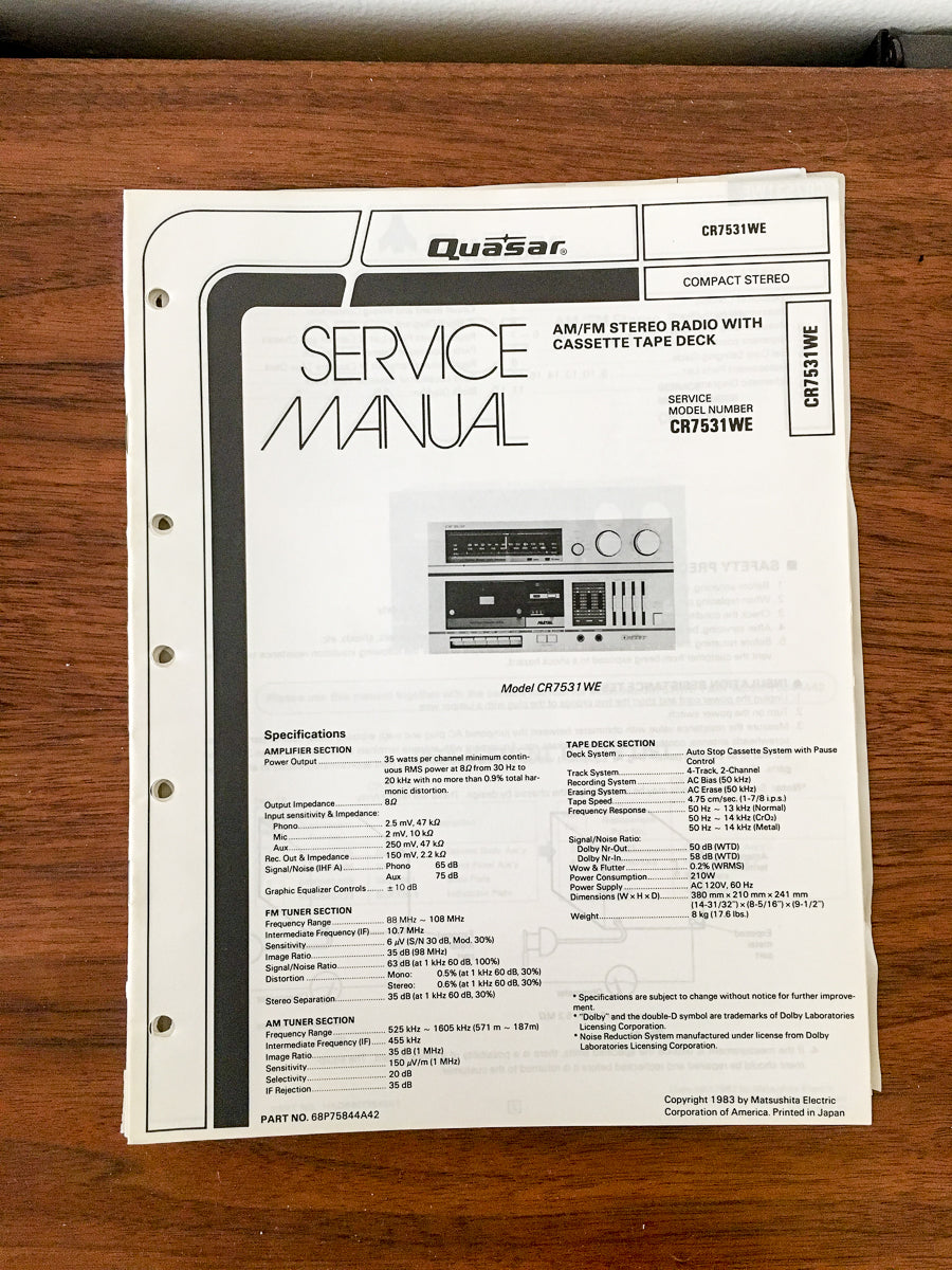 Quasar CR7531WECR 7531 WE Radio / Stereo Service Manual *Original*