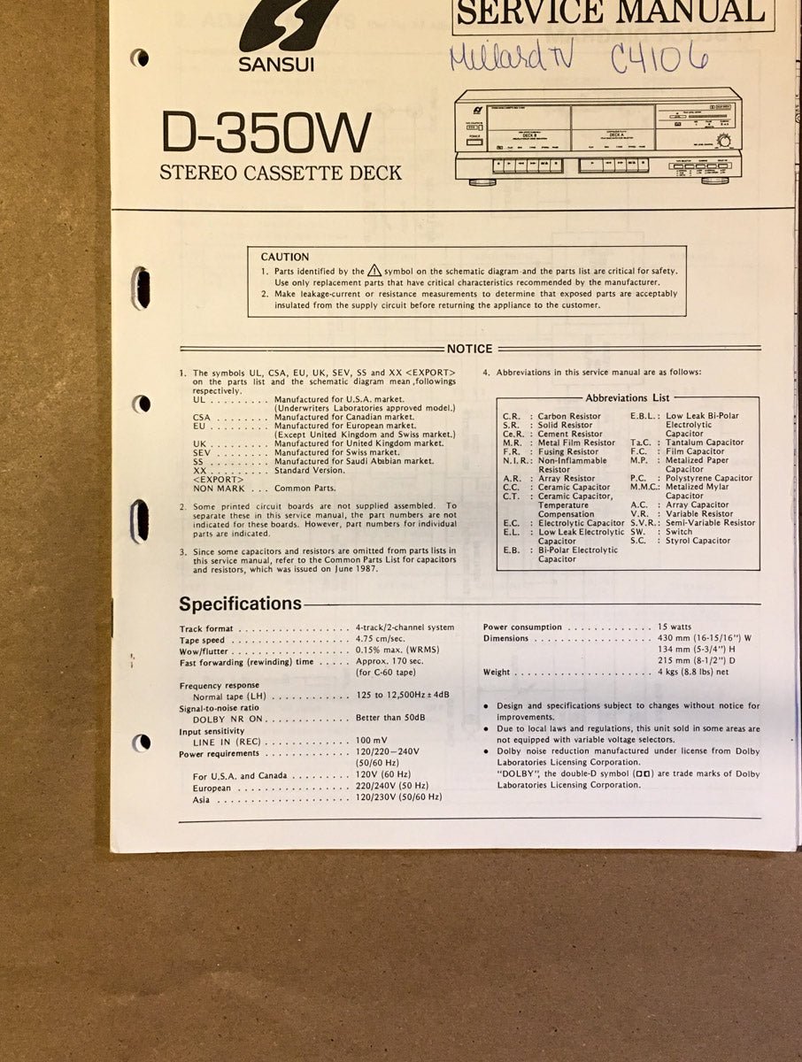 Sansui D-350W Cassette / Tape Player Service Manual *Original* #1