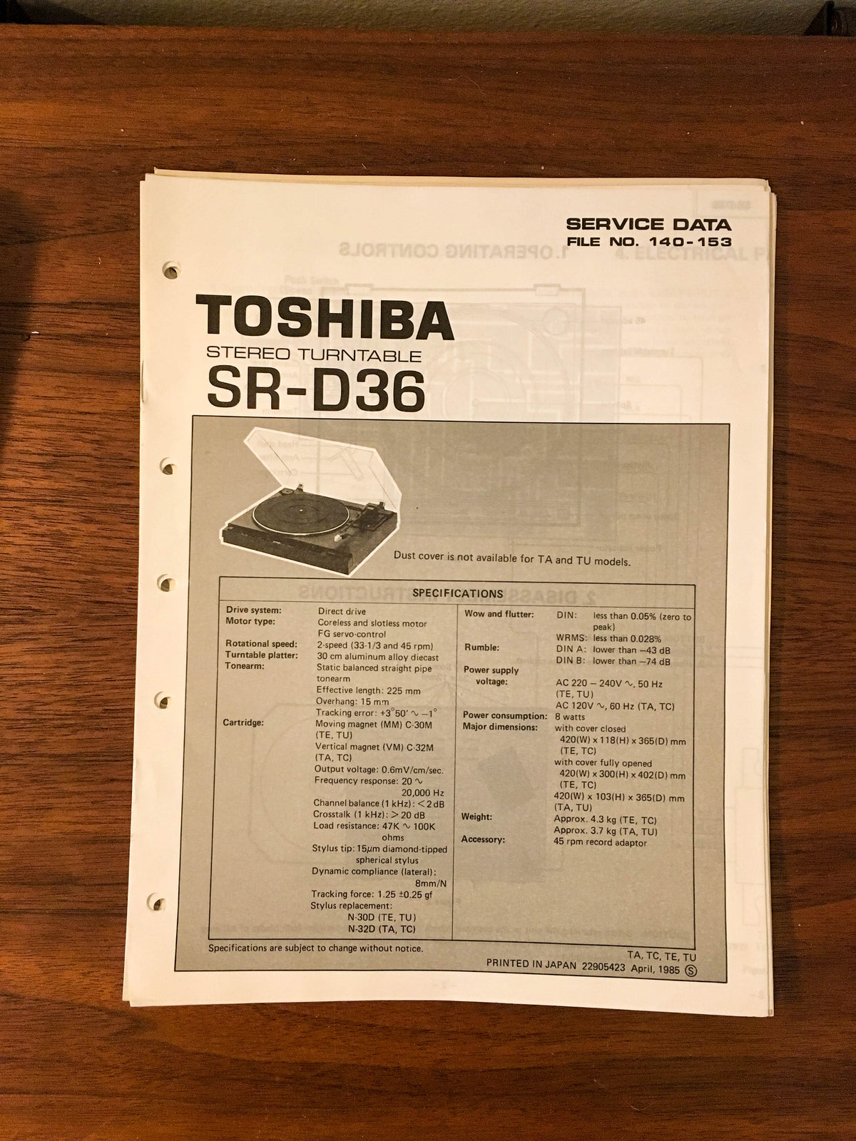 Toshiba SR-D36 Record Player / Turntable Service Manual *Original*