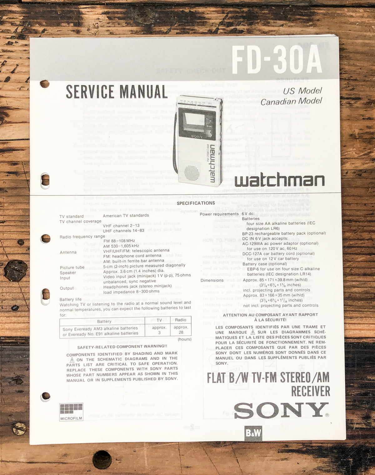 Sony FD-30A TV Service Manual *Original*