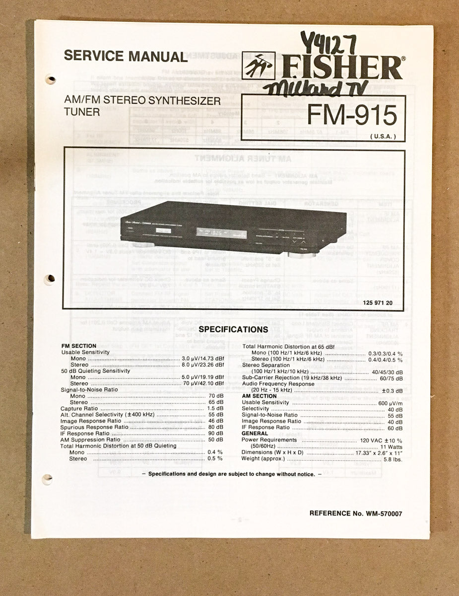 Fisher FM-915 Tuner Service Manual *Original* – Vintage Audio Store ...