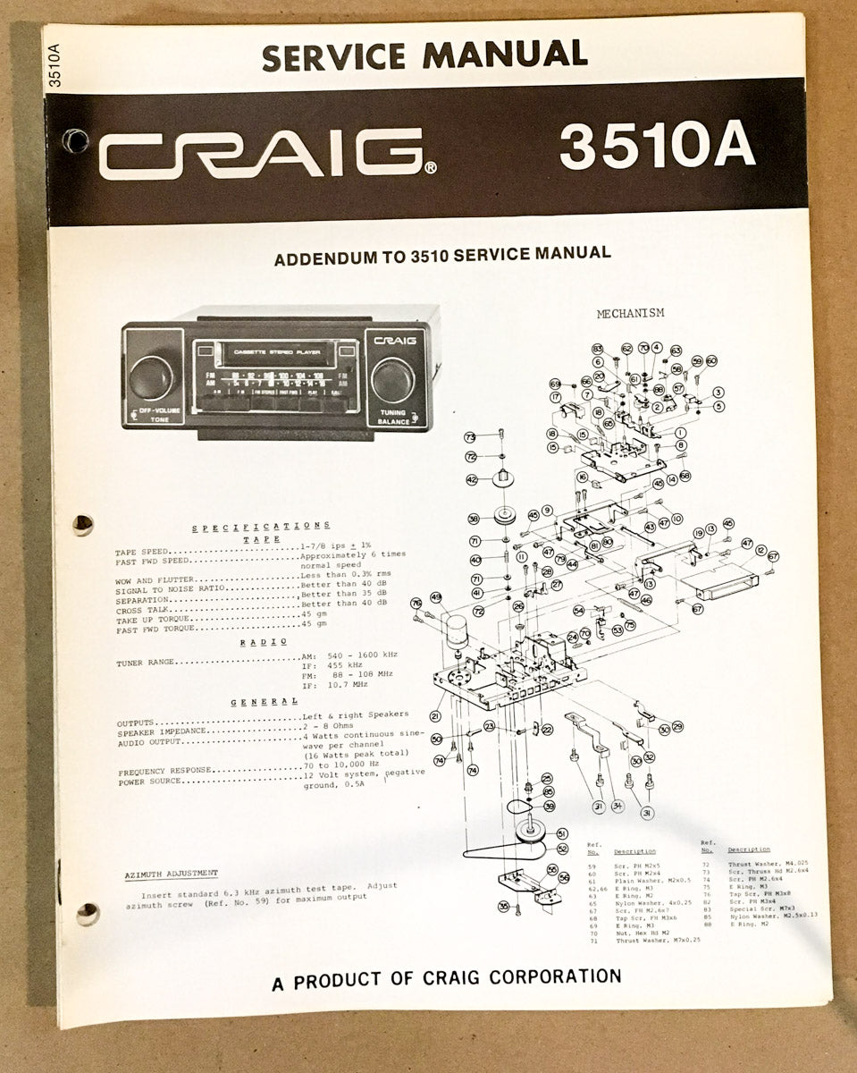 Craig Model 3510A 3510 A 8 Track Stereo Service Manual *Original*