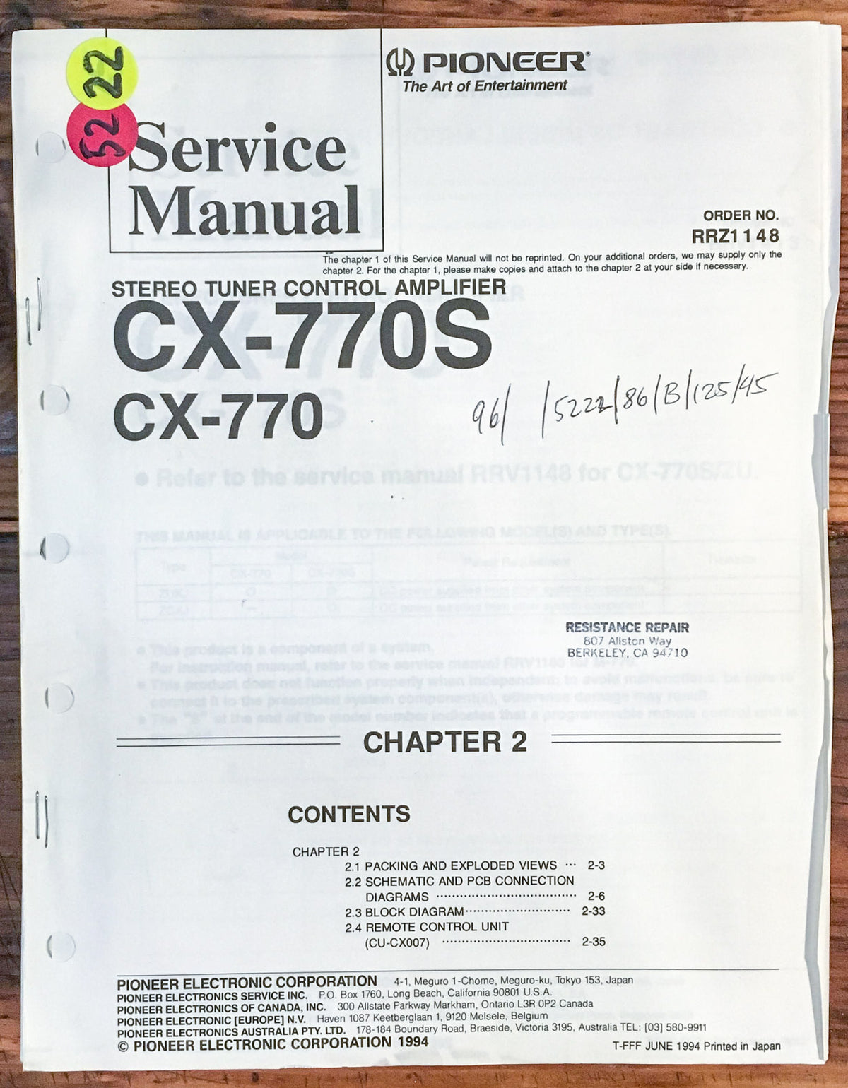 Pioneer CX-770 CX-770S Preamp / Preamplifier Service Manual *Original*