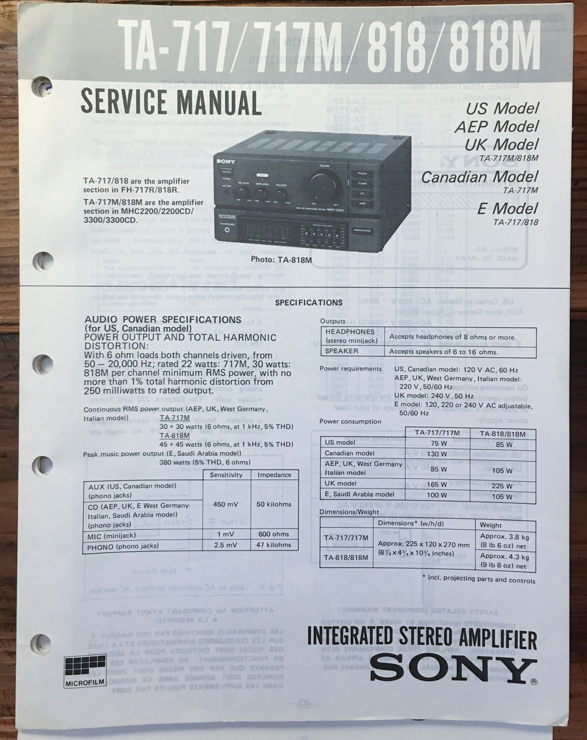 Sony TA-717 -717M TA-818 TA-818M Amplifier Service Manual *Original*