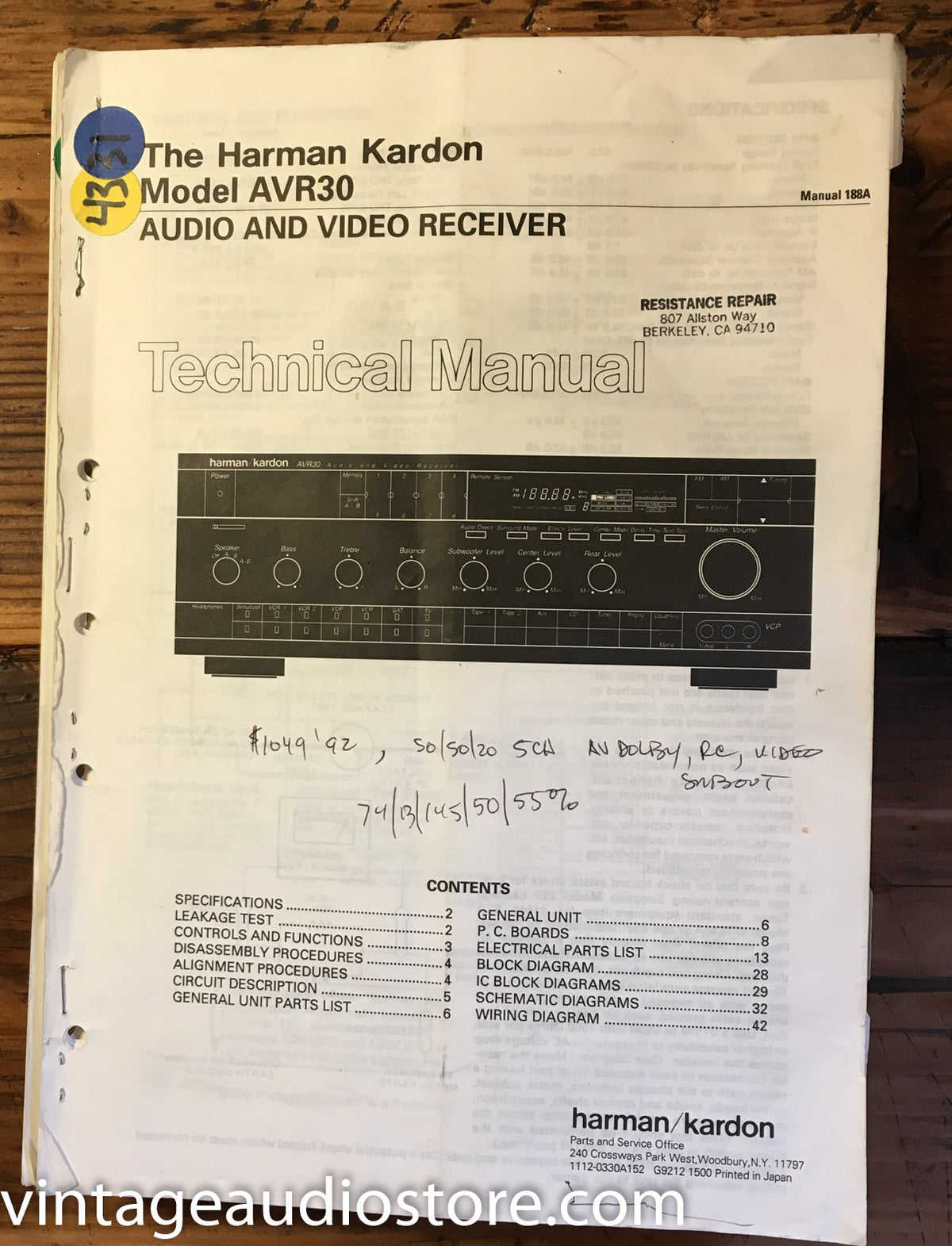 Harman Kardon AVR30 AVR-30 Service Manual *Original*