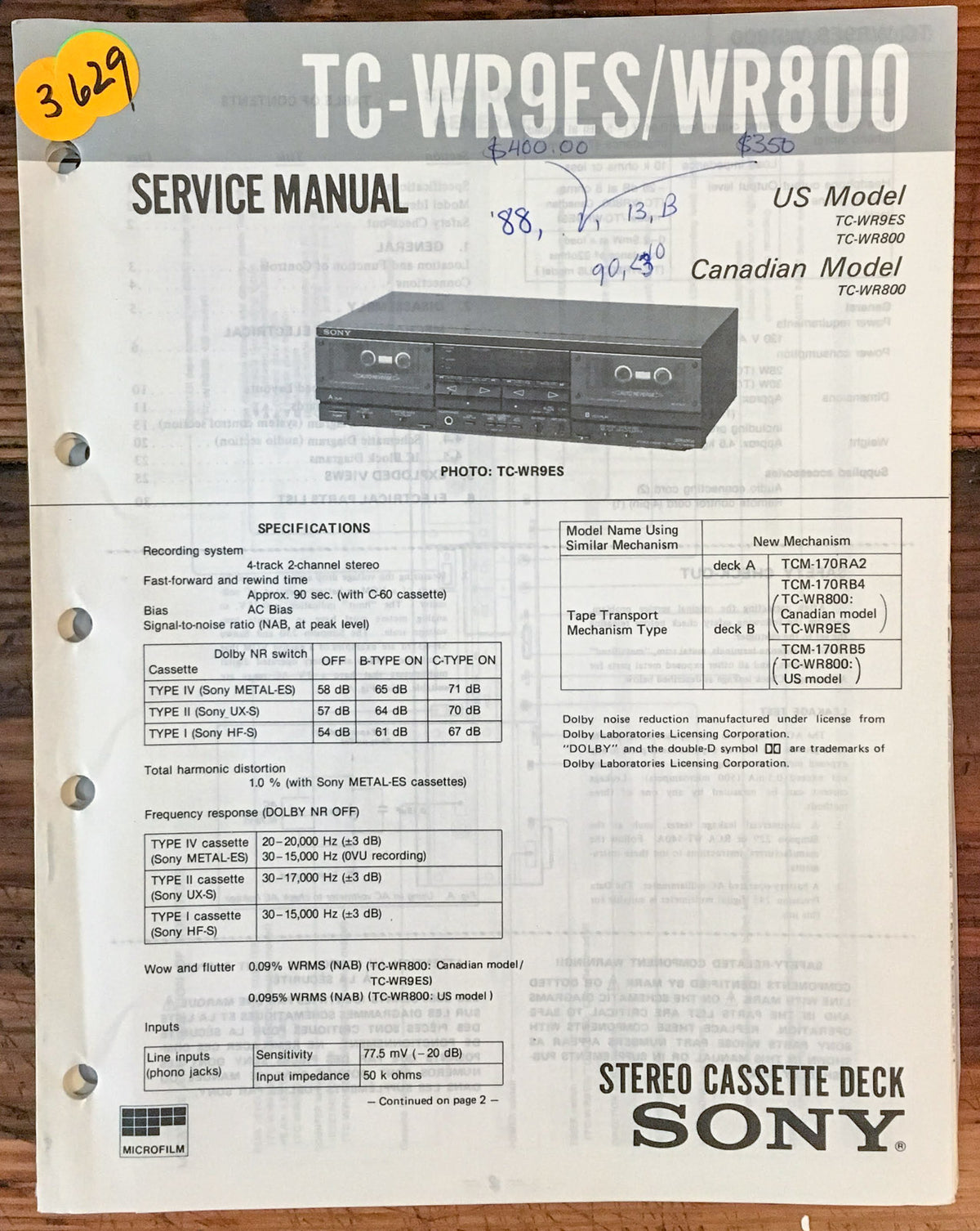 Sony TC-WR9ES TC-WR800 Cassette Deck Service Manual *Original*
