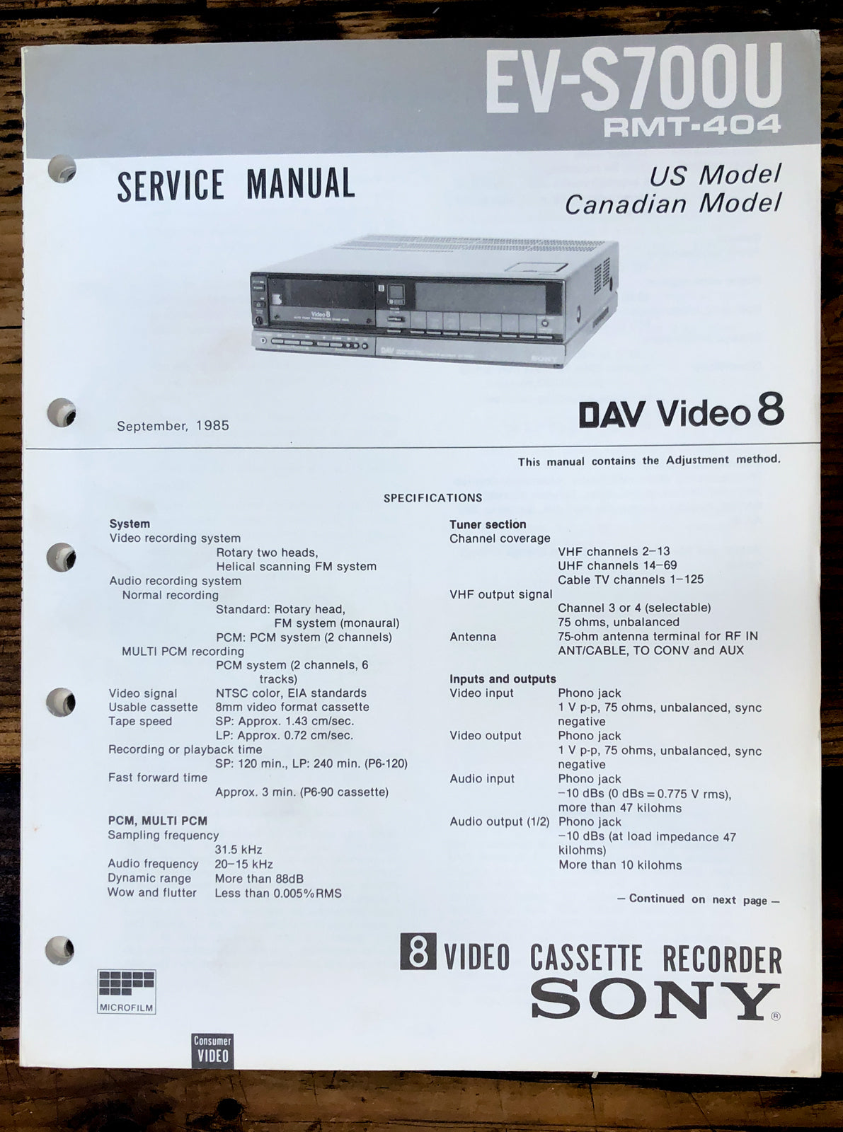 Sony EV-S700U Video 8 VCR Service Manual *Original*
