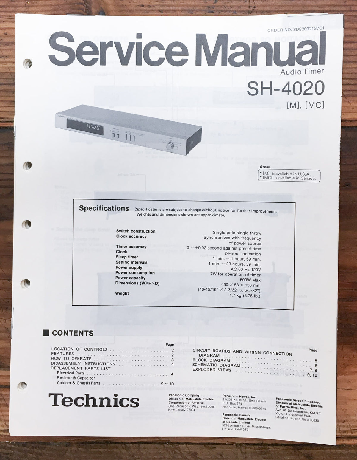 Technics SH-4020 Timer Service Manual *Original*