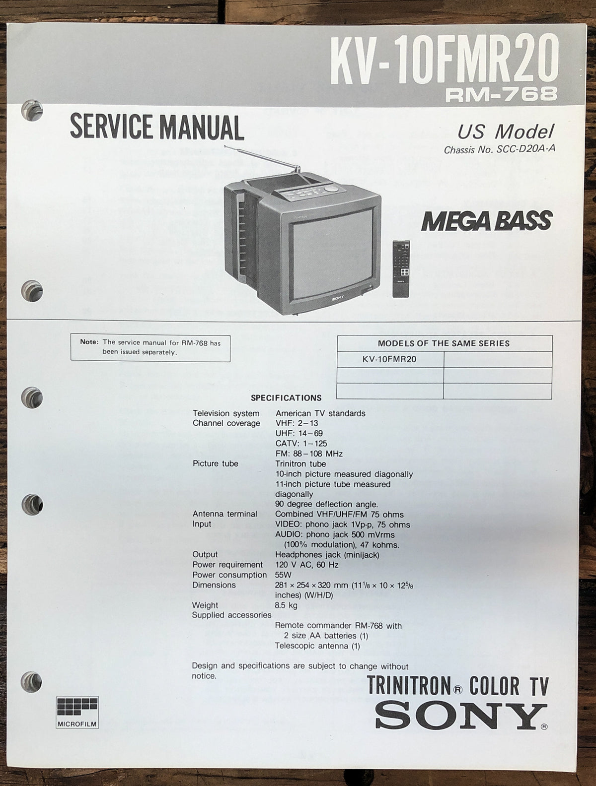Sony KV-10FMR20 TV Service Manual *Original*