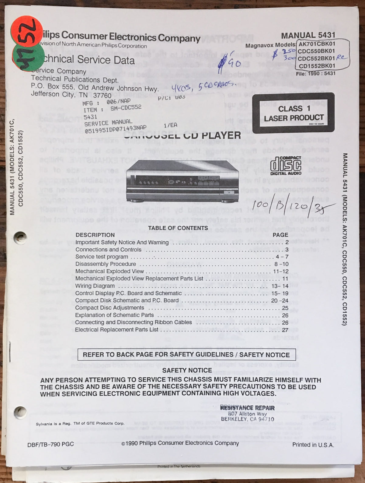 Philips / Magnavox CDC 550 CDC552 CD1552 Service Manual *Original*