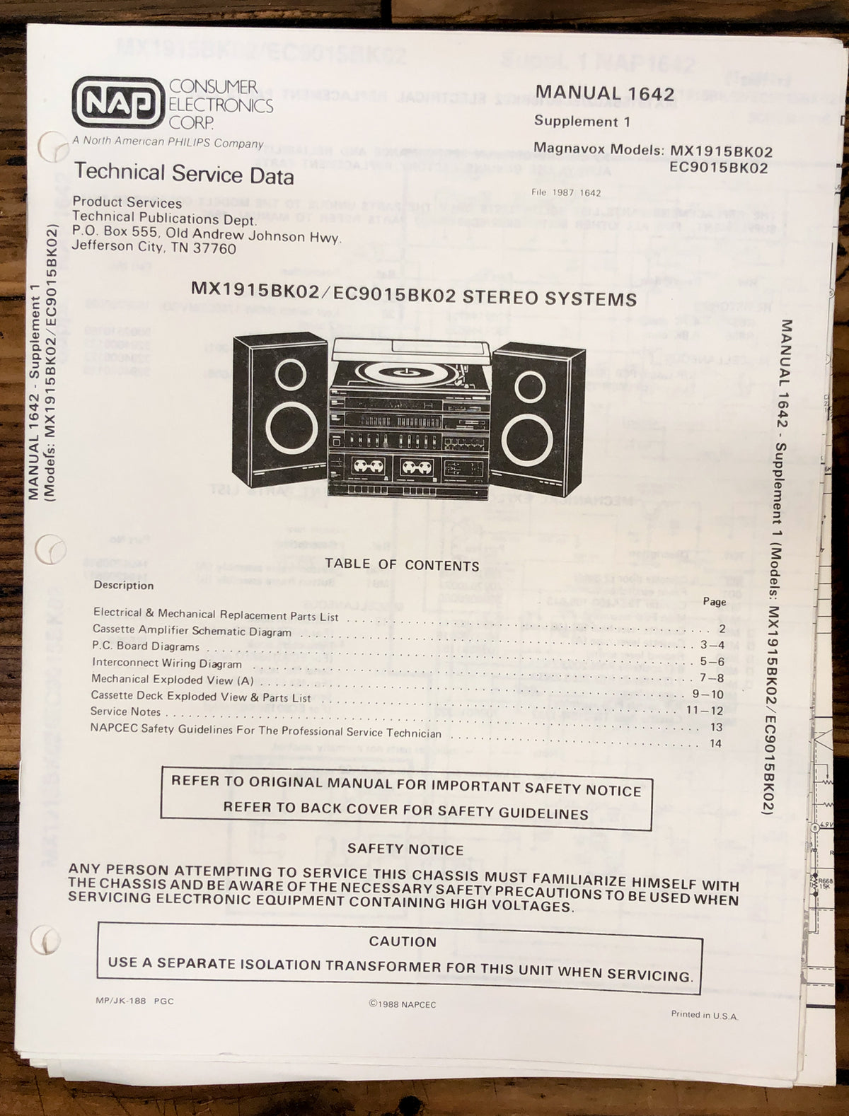 Magnavox / Sylvania MX1915 EC9015 Stereo Service Manual *Original*