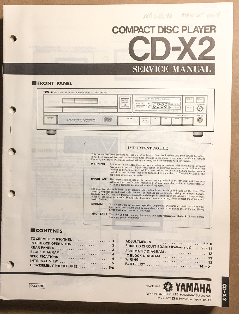 Yamaha CDX-X2 CD Player Service Manual *Original* #2