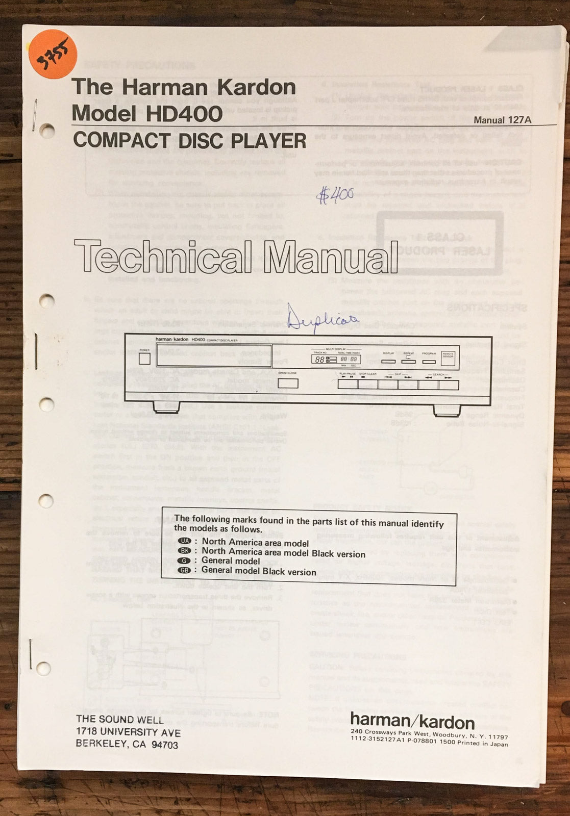 Harman Kardon 400 HD-400 CD Player Service Manual *Original*