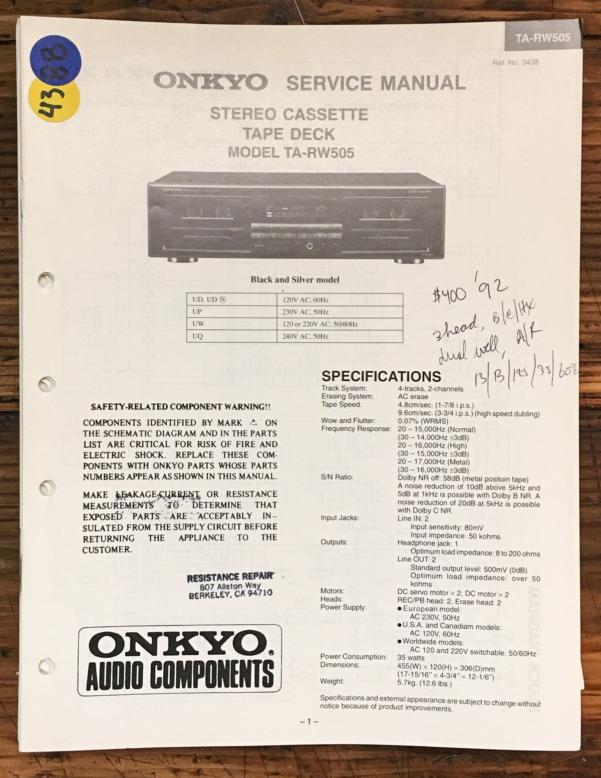 Onkyo TA-RW505 Cassette Service Manual *Original*