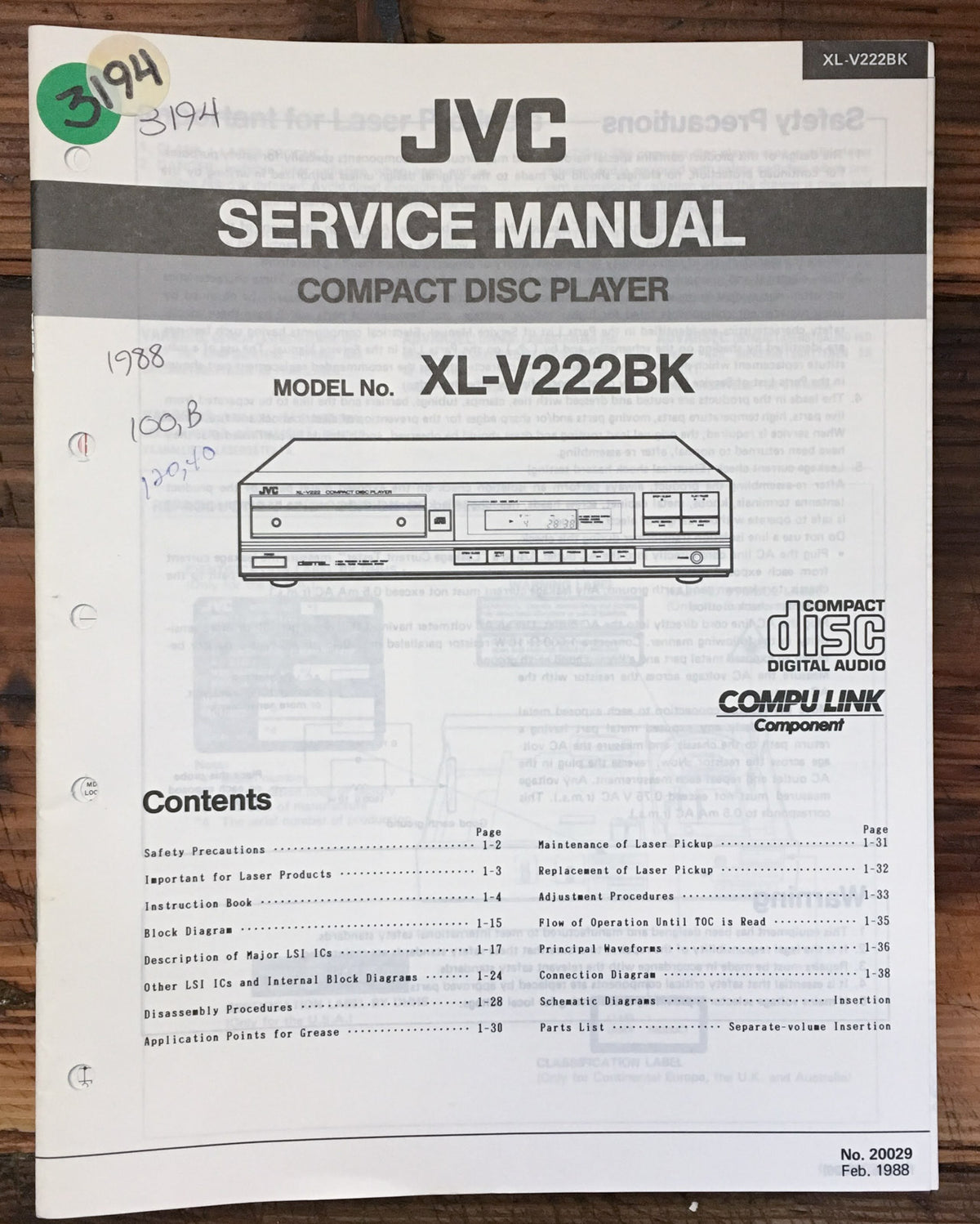JVC XL-V222 BK CD Player Service Manual *Original*