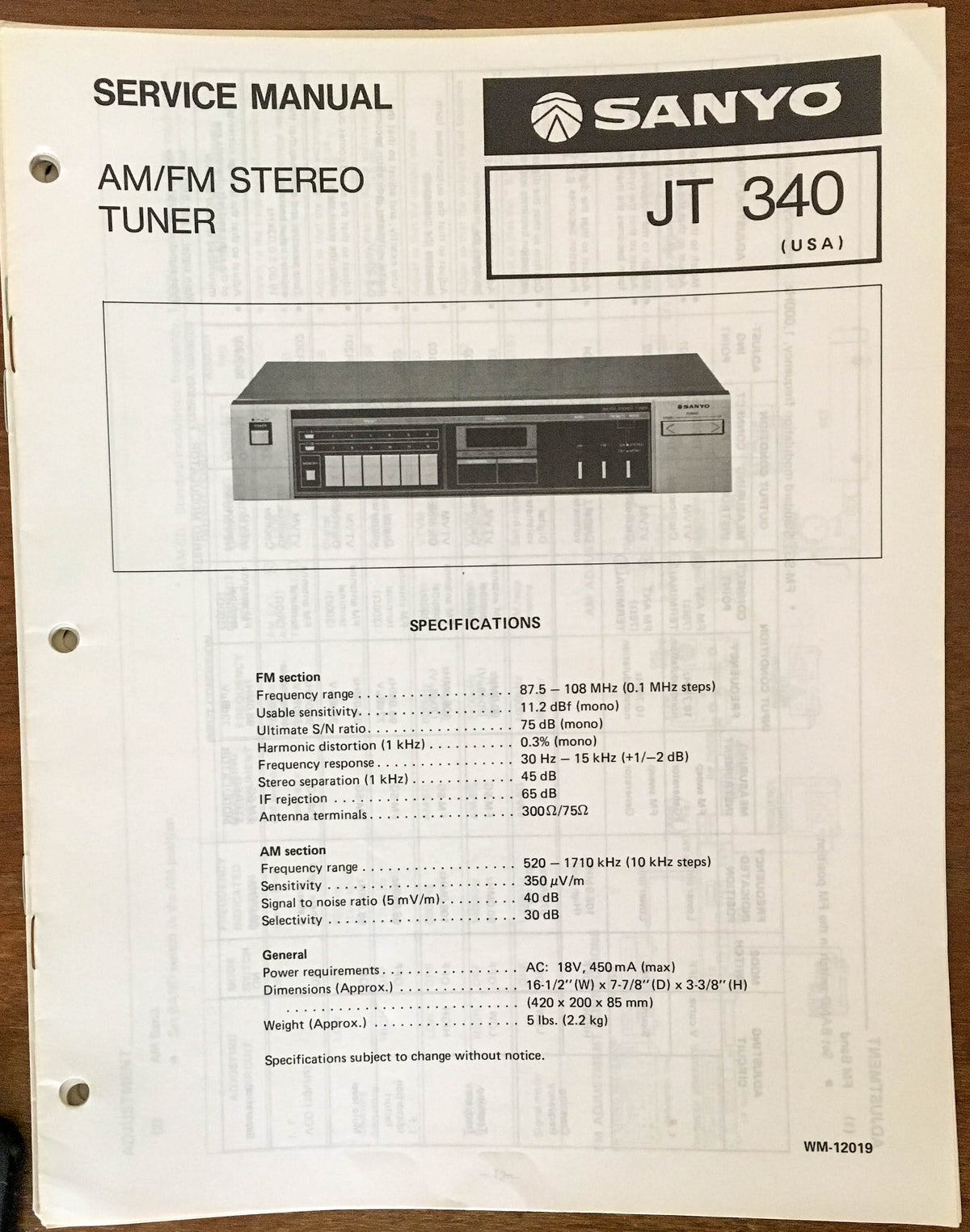 Sanyo JT 340 Tuner Service Manual *Original*