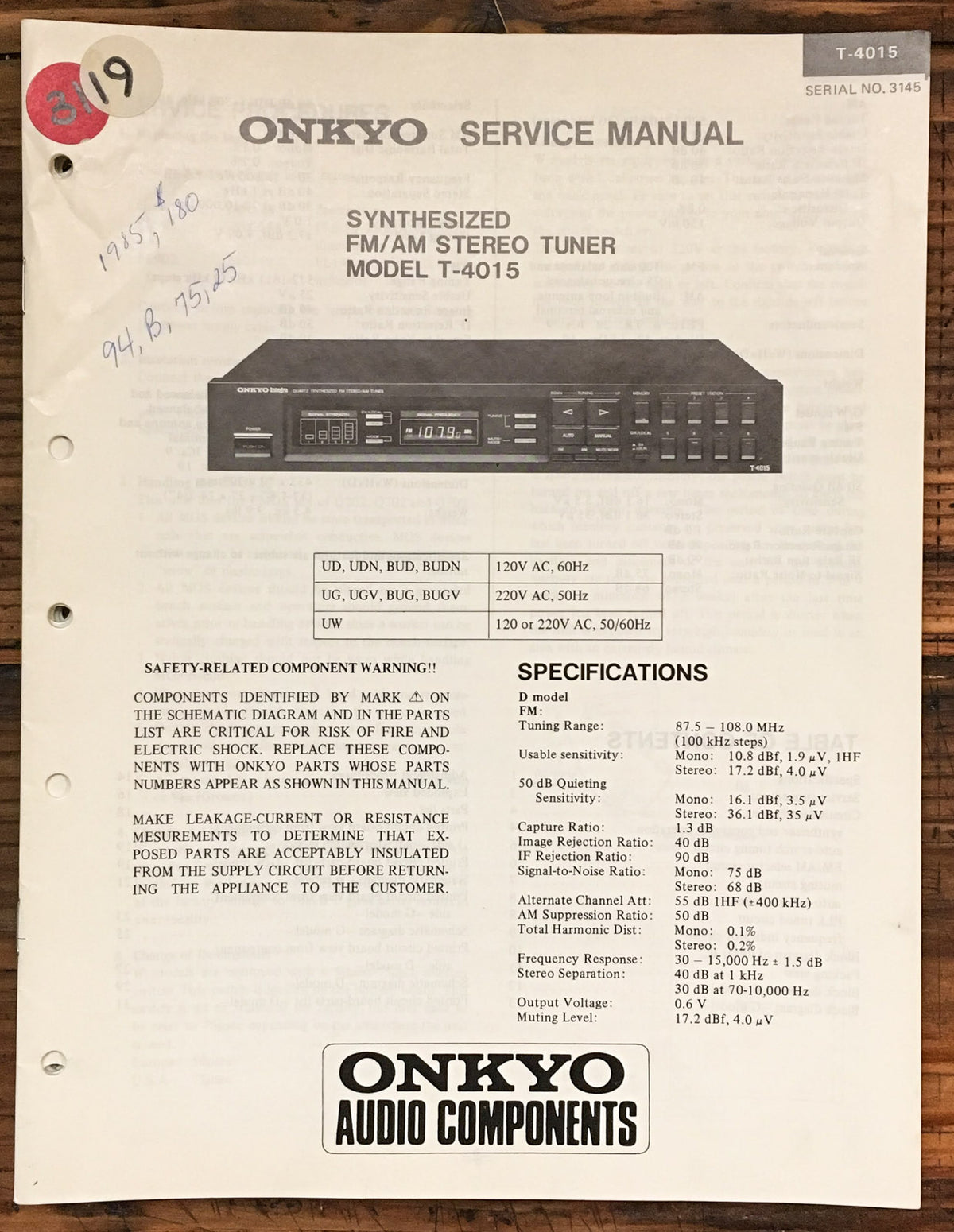 Onkyo T-4015 Tuner Service Manual *Original*