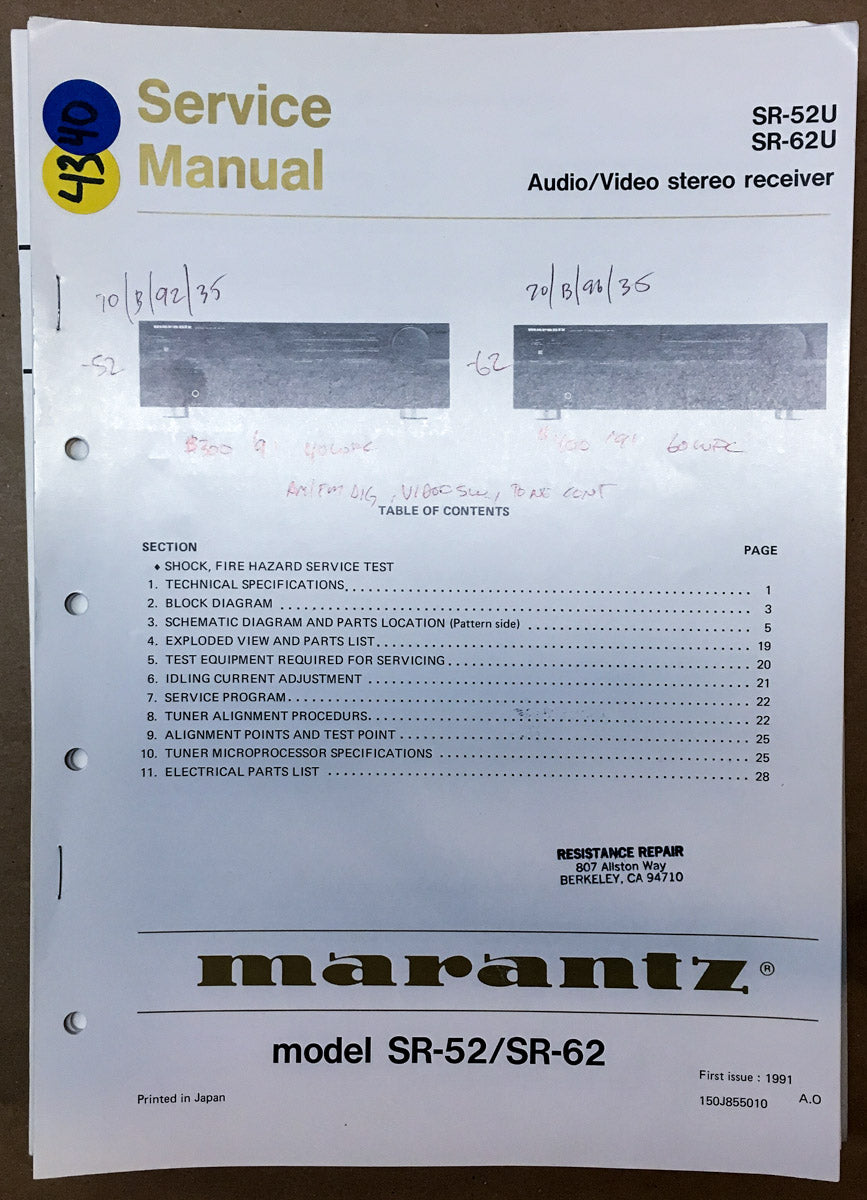 Marantz SR-52 SR-52U Receiver Service Manual *Original*