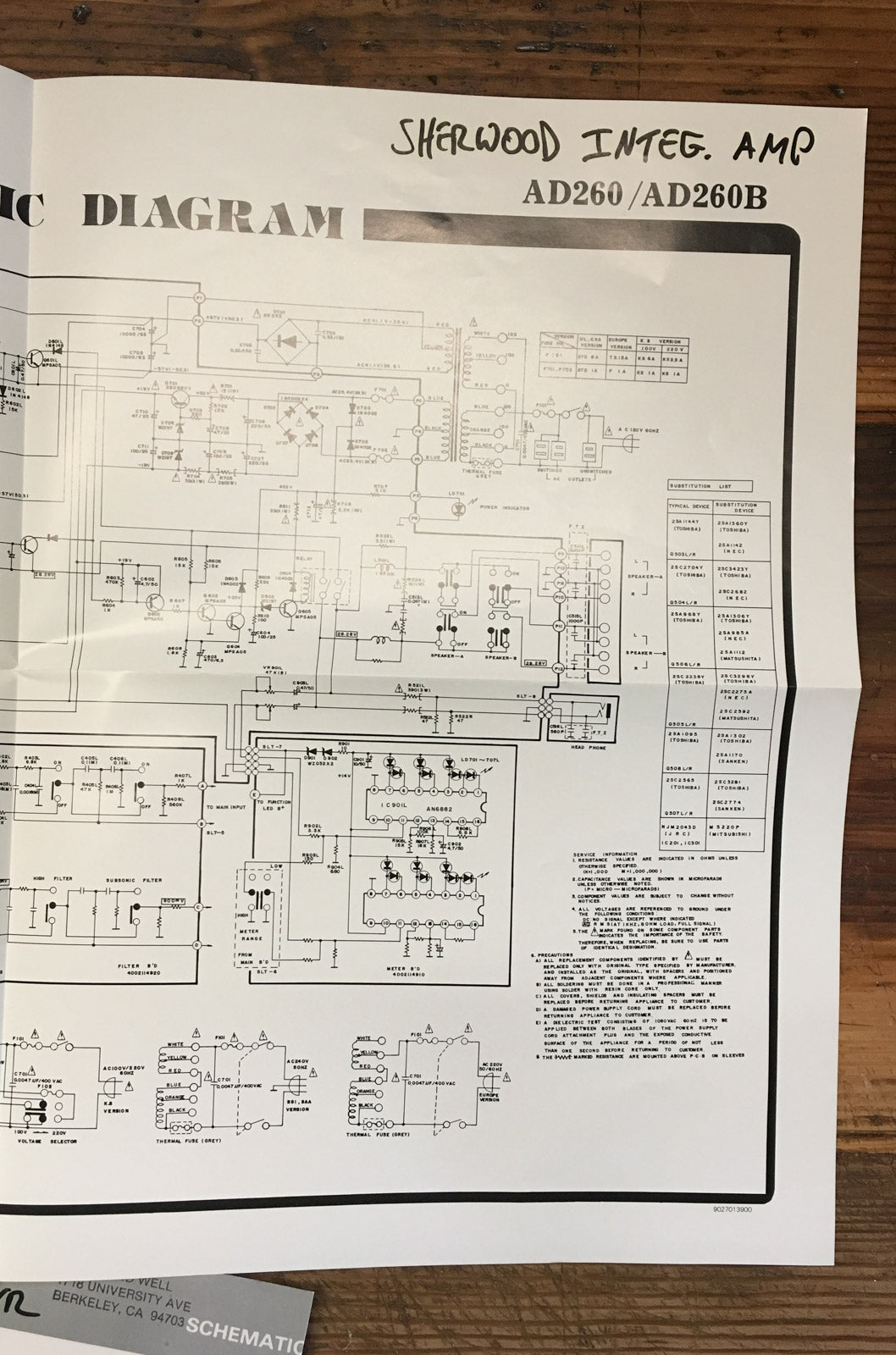 Sherwood AD 260 AD 260B Amplifier Large Fold Out Schematic *Original*