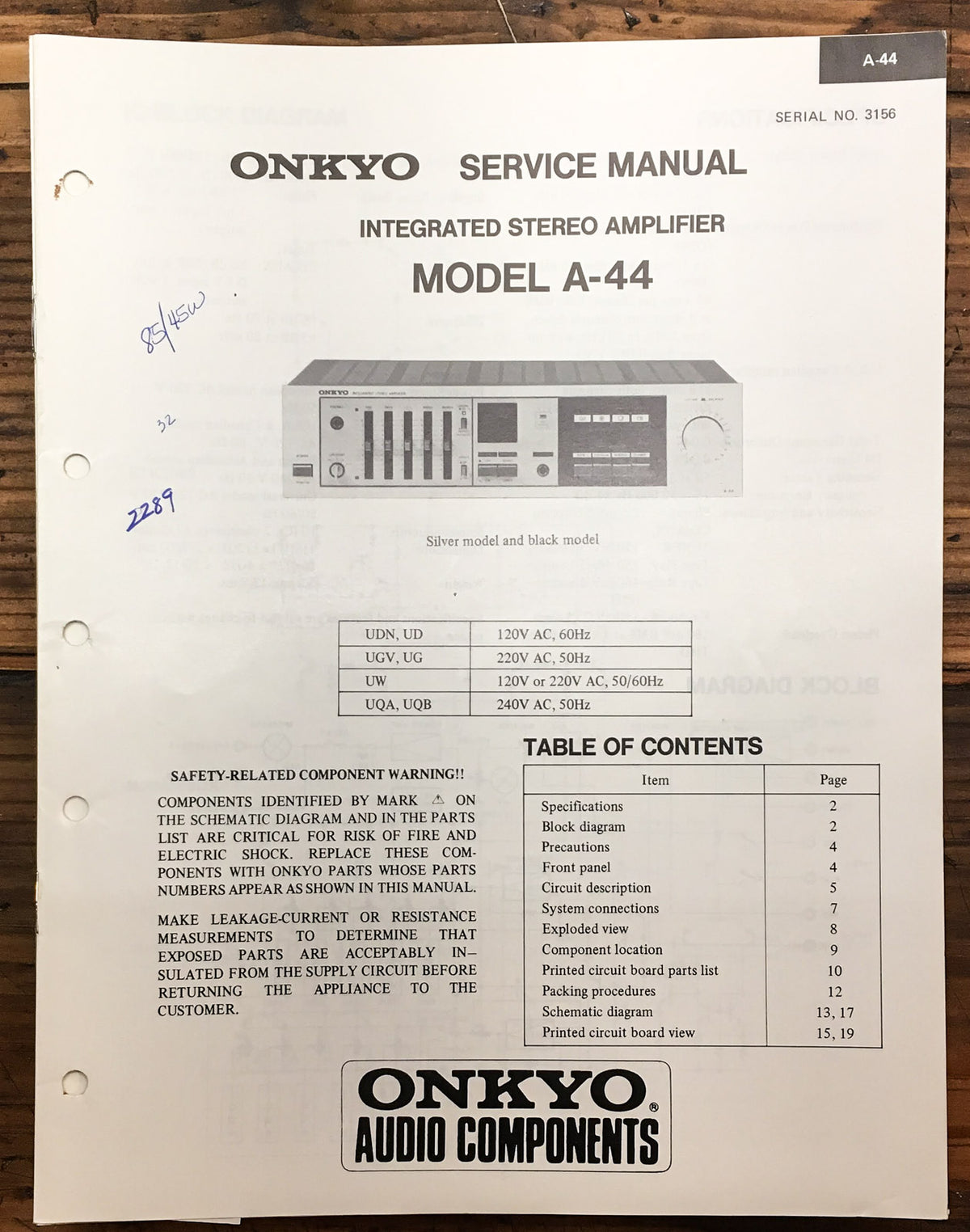 Onkyo A-44 Amplifier Service Manual *Original*