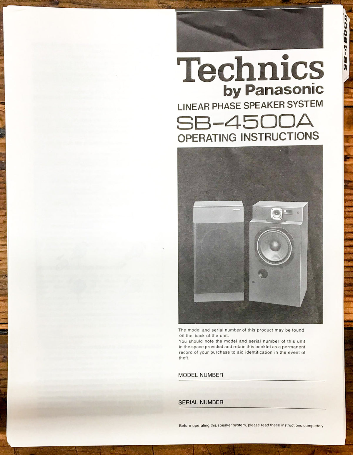 Technics SB-4500A Speaker Owners / User Manual *Original*