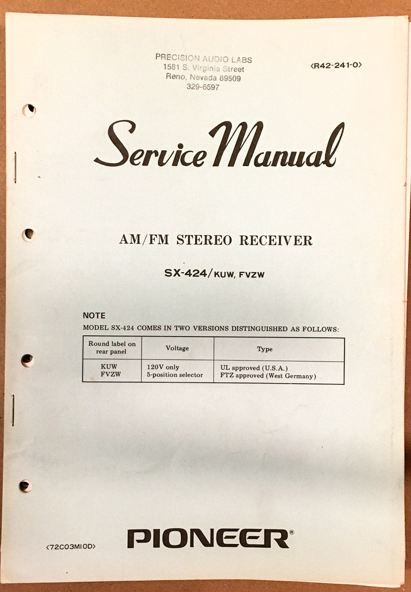 Pioneer SX-424 Receiver Service Manual *Original* #2