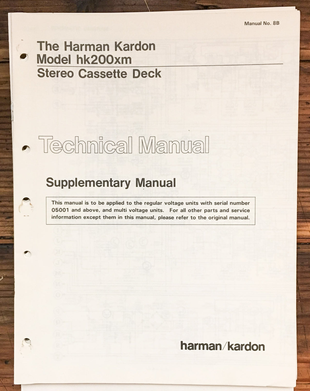 Harman Kardon HK200XM HK-200XM Cassette Suppl. Service Manual *Original*
