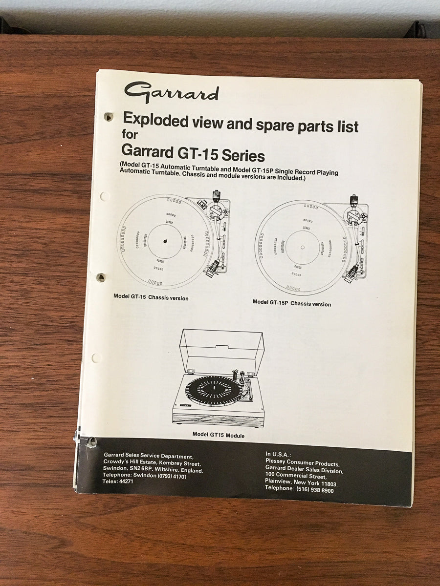 Garrard Model GT-15 Turntable Exploded View / Parts List *Original*