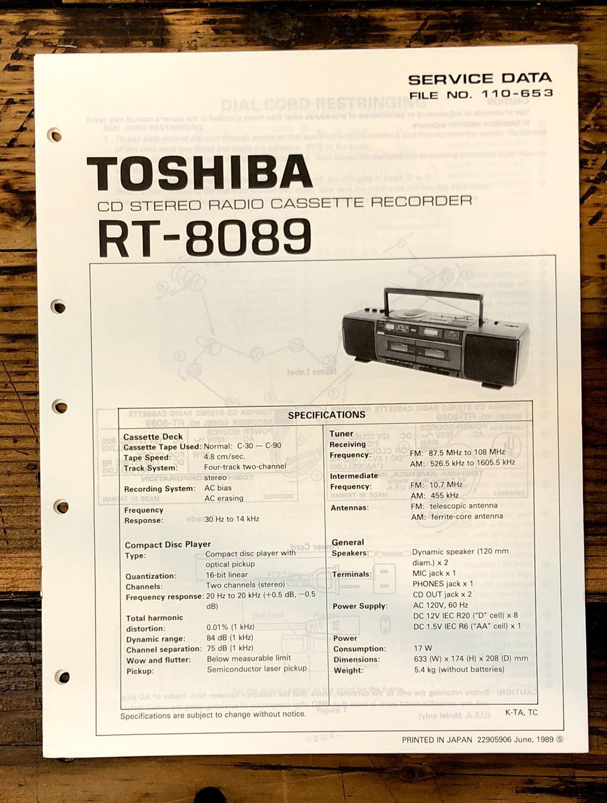Toshiba RT-8089 Cassette Service Manual *Original*