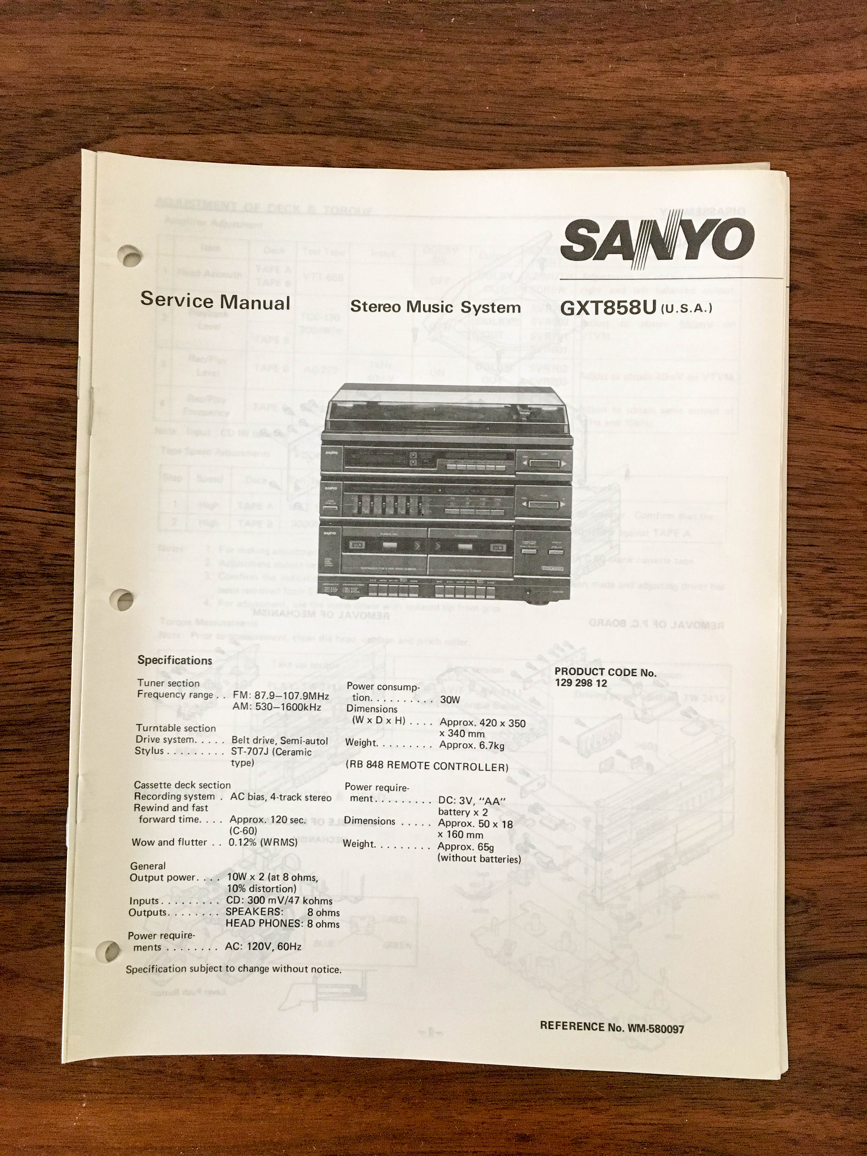 Sanyo GXT 858U Stereo Music System Service Manual *Original* – Vintage ...