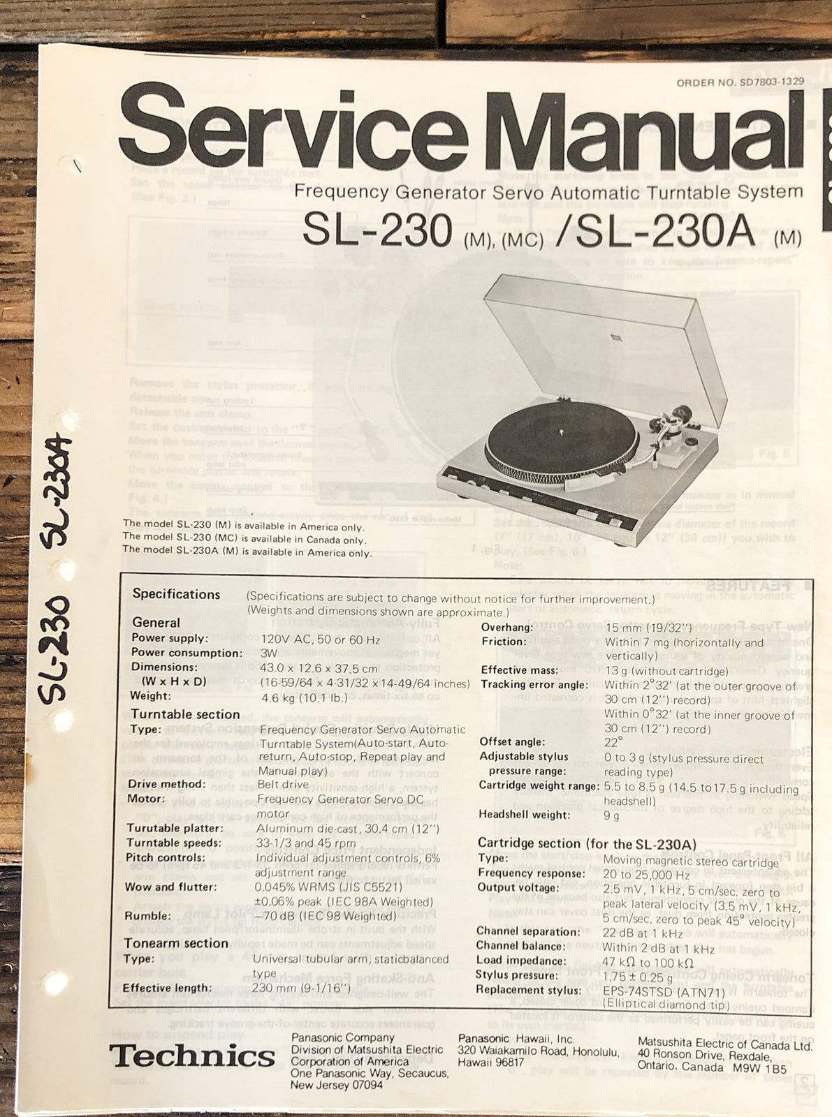 Technics SL-230 SL-230A Record Player / Turntable Service Manual *Original*