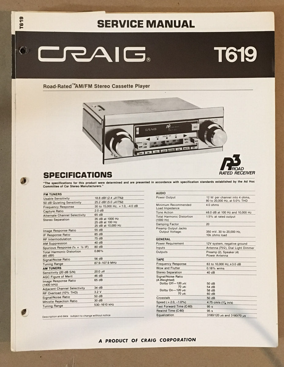 Craig Model T619 Car Stereo / Cassette Service Manual *Original*