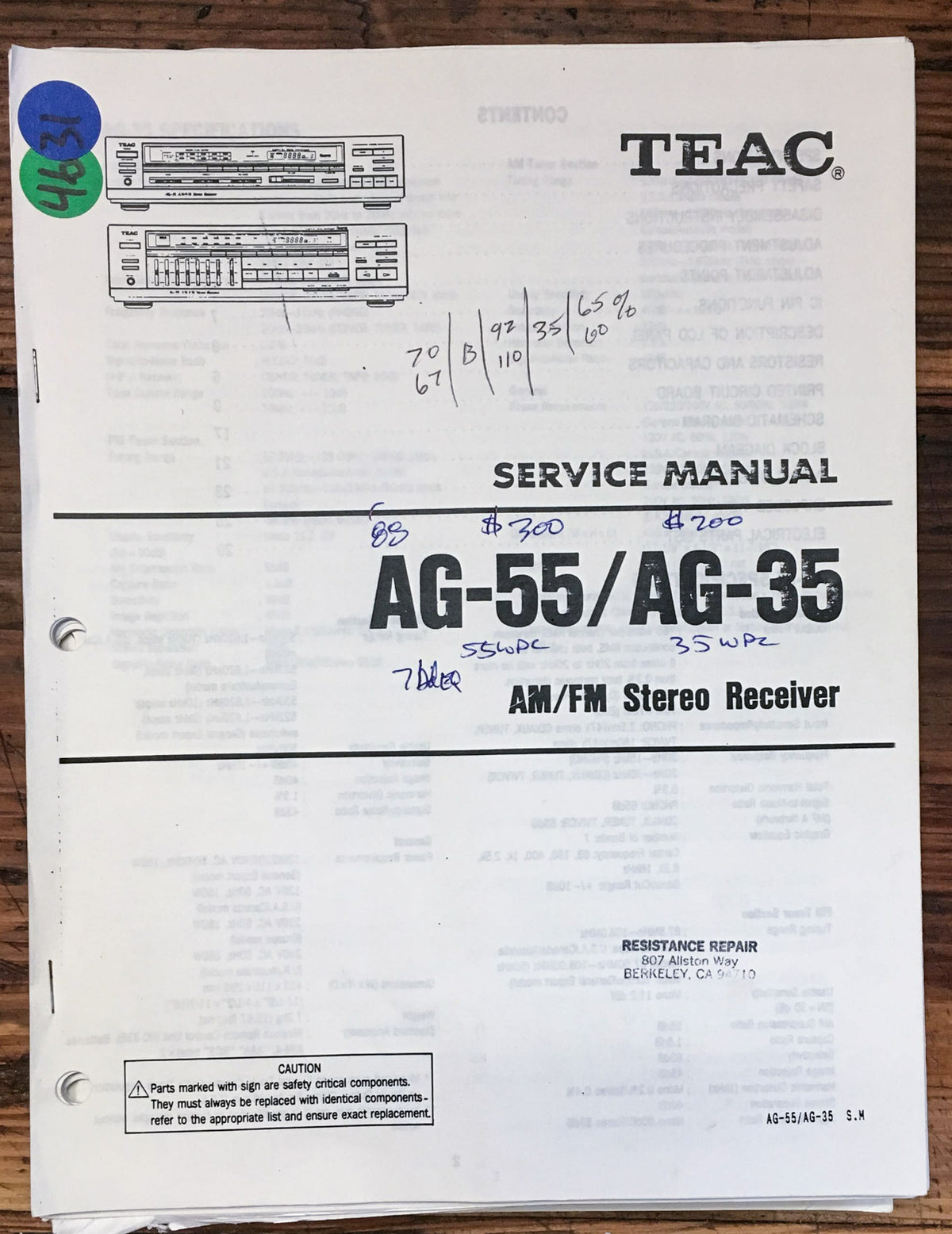 Teac AG-35 AG-55 Receiver Service Manual *Original*