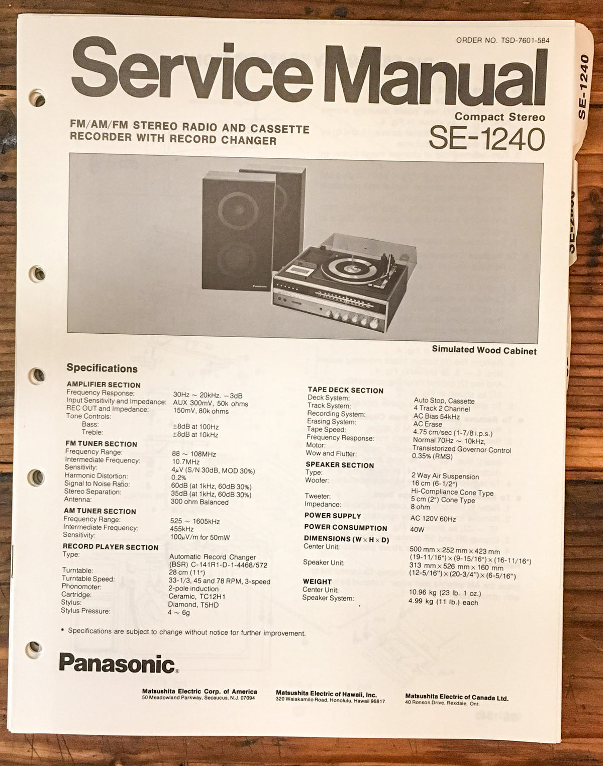 Panasonic SE-1240 Stereo Service Manual *Original*