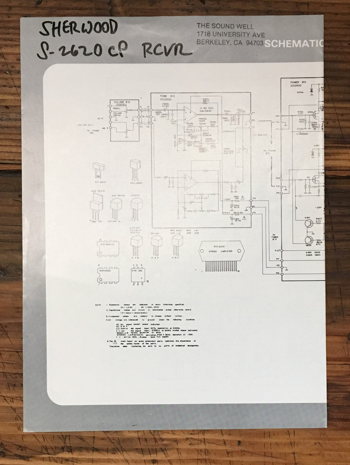 Sherwood S-2620 CP Receiver Large Fold Out Schematic *Original*