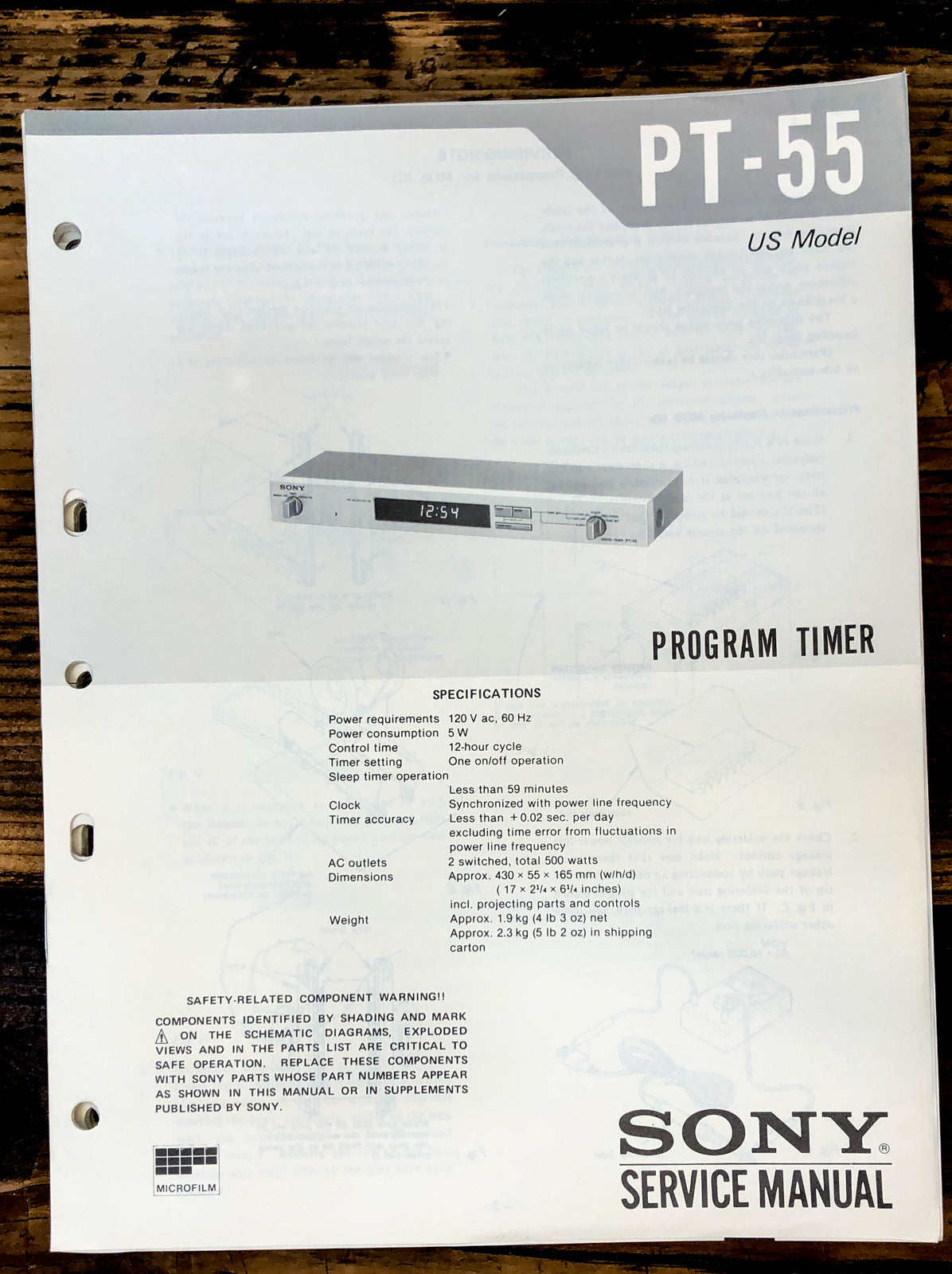 Sony PT-55 Timer Service Manual *Original*