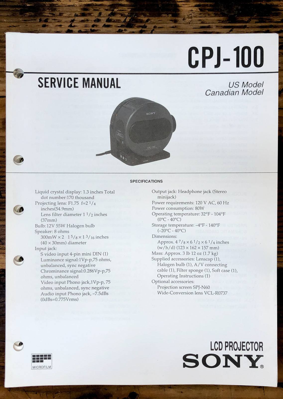 Sony CPJ-100 LCD Projector Service Manual *Original*