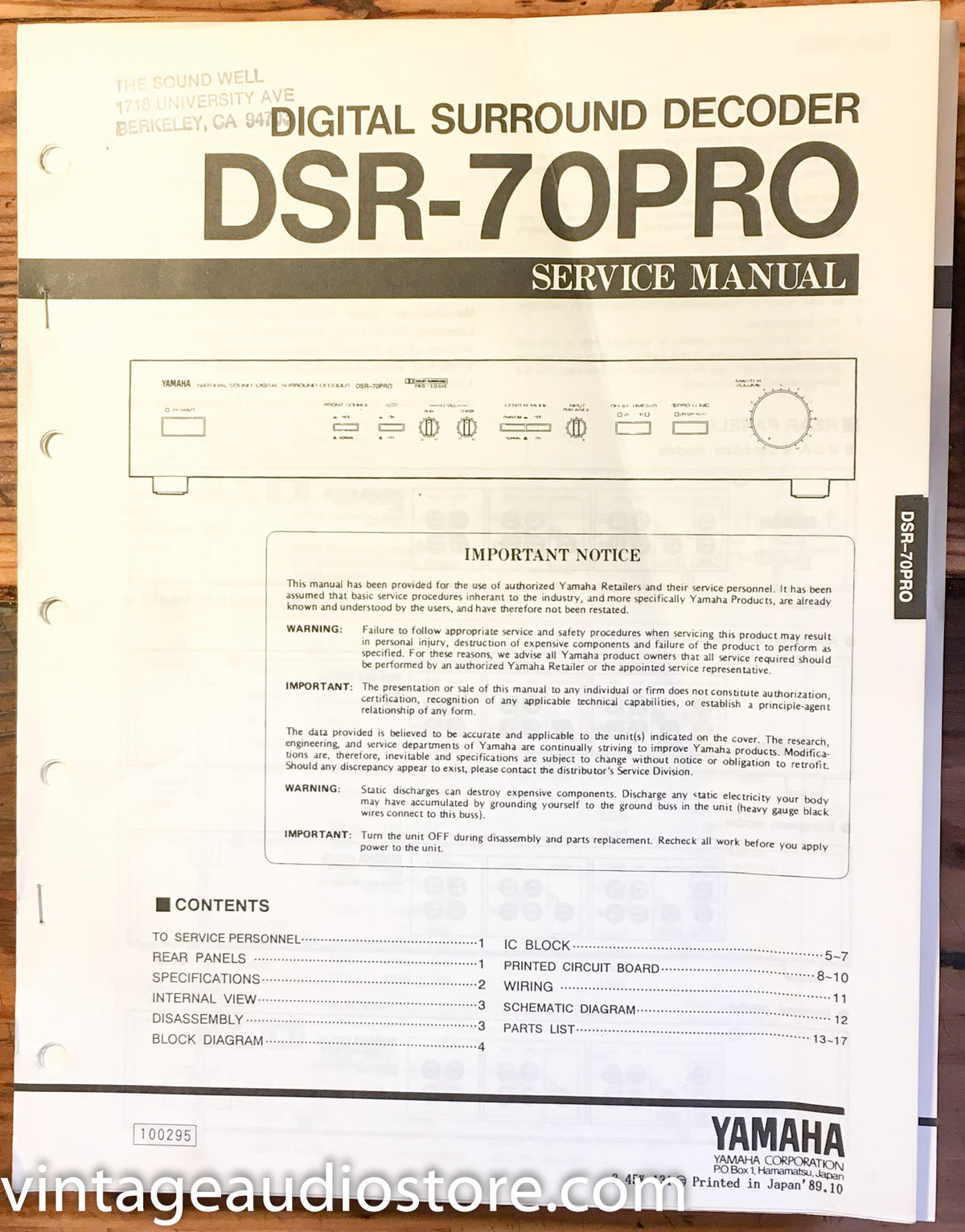 Yamaha DSR-70PRO 70 PRO Surround Decoder Service Manual *Original*