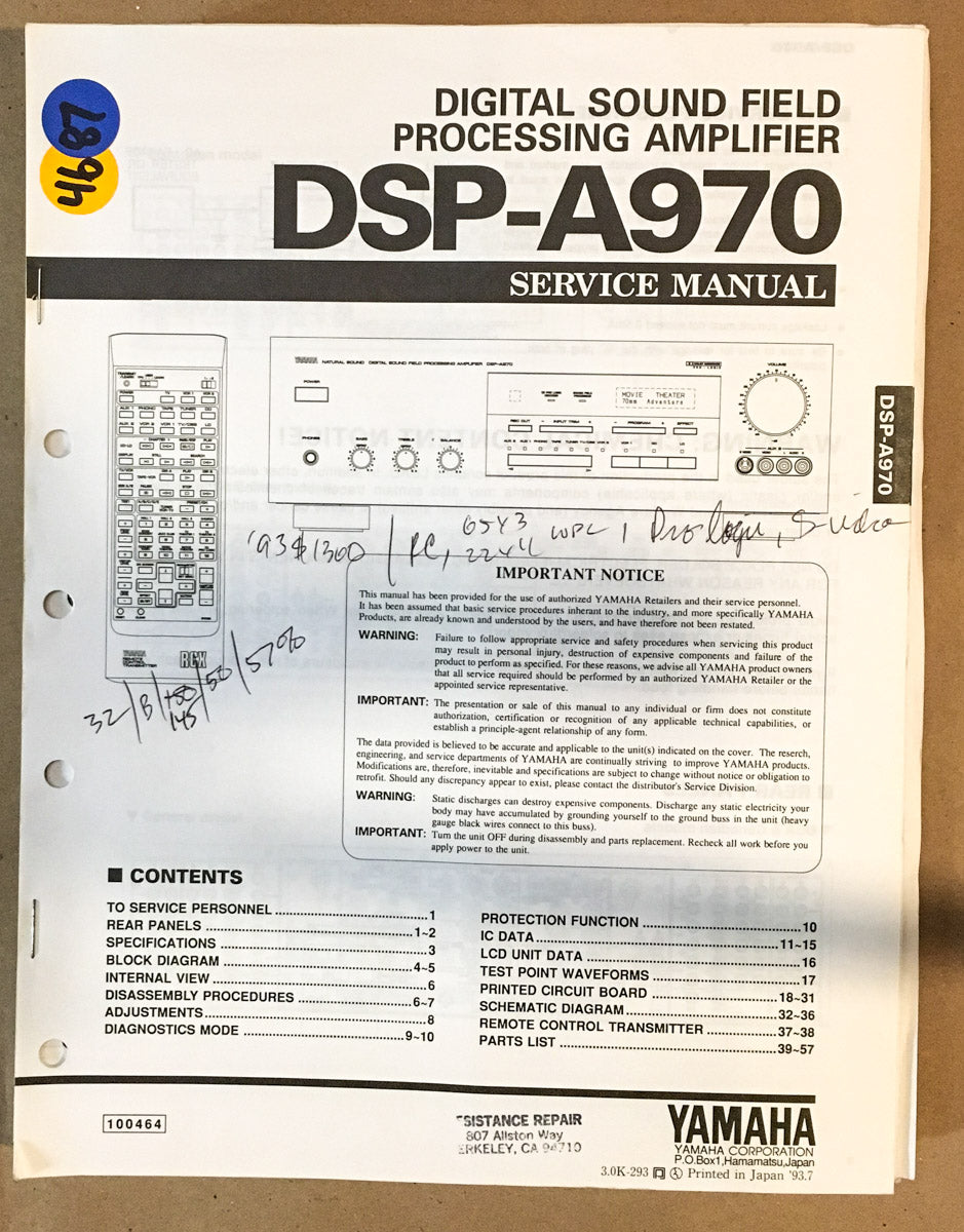 Yamaha DSP-A970 Amplifier Service Manual *Original*