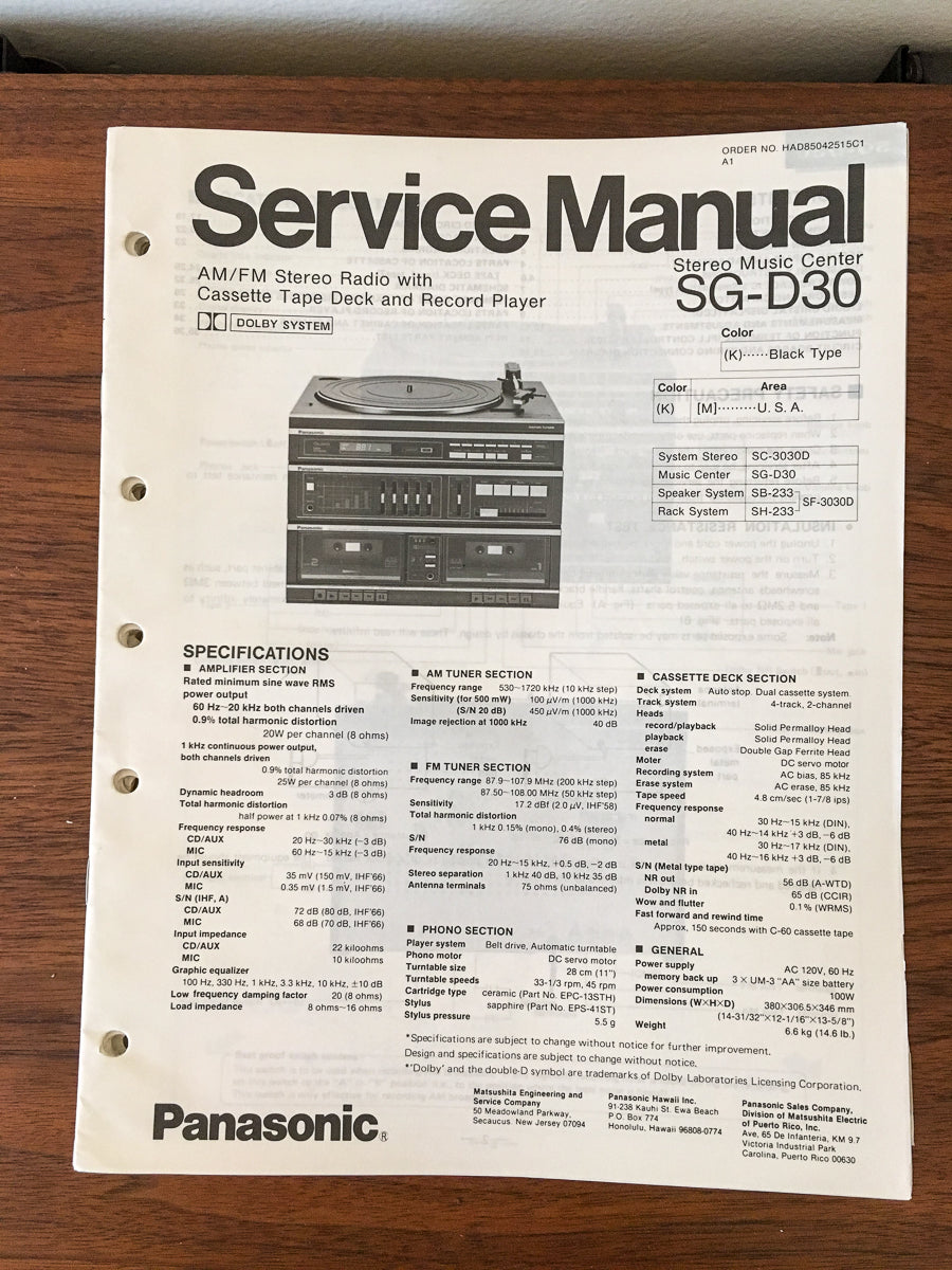 Panasonic SG-D30 Stereo Service Manual *Original*